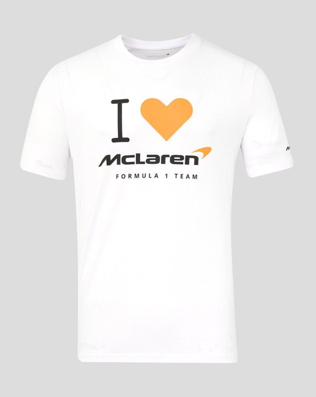 White T-shirt featuring "I ♥ McLaren Formula 1 Team" text with a yellow heart and the McLaren logo on the front, inspired by the Silverstone Collection. Perfect for dedicated McLaren F1 fans.