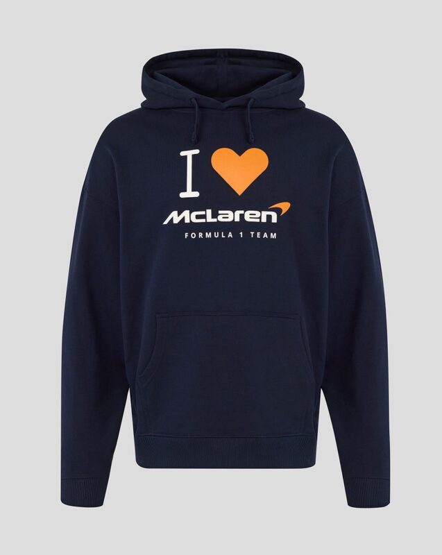 Navy blue hoodie with front pocket, featuring the text "I ♥ McLaren Formula 1 Team" in white and orange on the chest, inspired by the Silverstone Collection for true McLaren F1 fans.