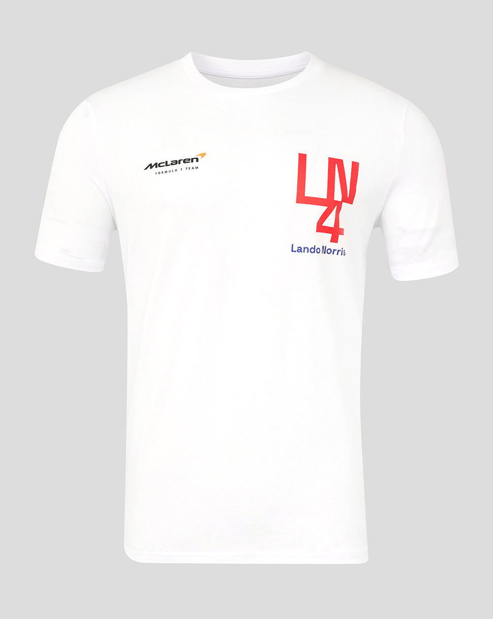 A white short-sleeve t-shirt featuring "LN4 Lando Norris" in red and blue text on the chest, with a black and orange McLaren F1 logo on the upper left—part of the exclusive Silverstone Collection.