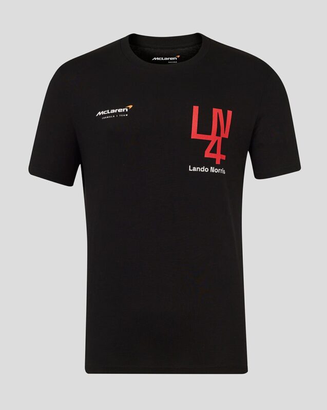 Black McLaren F1 t-shirt with white and red "LN4" and "Lando Norris" text on the chest, a nod to the Silverstone Collection, plus a small McLaren logo on the left shoulder, displayed on a plain background.