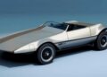 A vintage, silver two-seater concept car with black wheels and an angular, futuristic design, photographed in a studio setting for the Petersen Museum’s Upcoming Exhibit To Put Wedge-Shaped Wonders In The Spotlight.