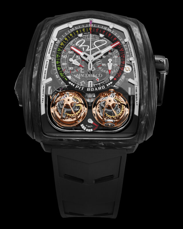 A close-up of a luxury Jacob & Co. Twin Turbo Furious wristwatch, featuring a complex dial, multiple subdials, exposed mechanics, and a black strap—a timepiece fit for Monaco elegance.