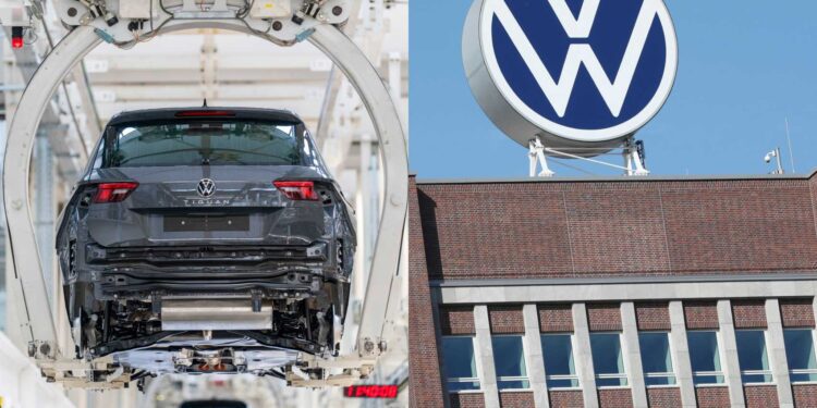 A Volkswagen car on an assembly line inside a factory is shown on the left; on the right, a Volkswagen logo is displayed atop a brick building, capturing the optimism as Euro auto stocks rally with the Japan-U.S. trade deal fueling growth.