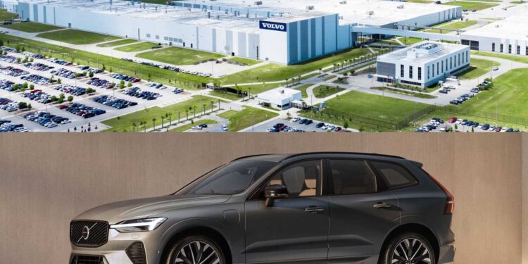 A large Volvo manufacturing plant with many parked cars is shown above, highlighting XC60 production, while a gray Volvo SUV is displayed below against a neutral background.