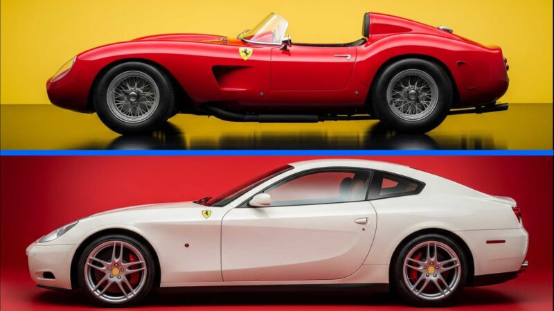 Two Ferrari sports cars are shown side by side: a classic red Testa Rossa convertible above a modern white Ferrari 612TR coupe, both displayed against bold colored backgrounds.