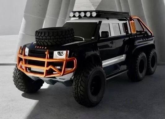 A unique creation, this black six-wheeled off-road vehicle with orange protective bars and a spare tire on the hood is parked in a well-lit, modern concrete garage.