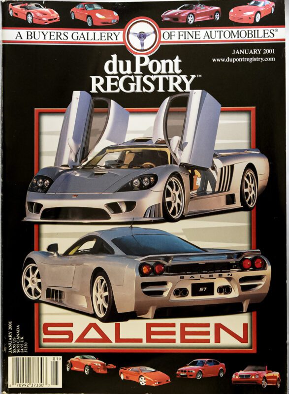 Cover of duPont REGISTRY magazine, January 2001, featuring two silver Saleen S7 Cover Cars with doors open and closed, set against a striking black and red background.