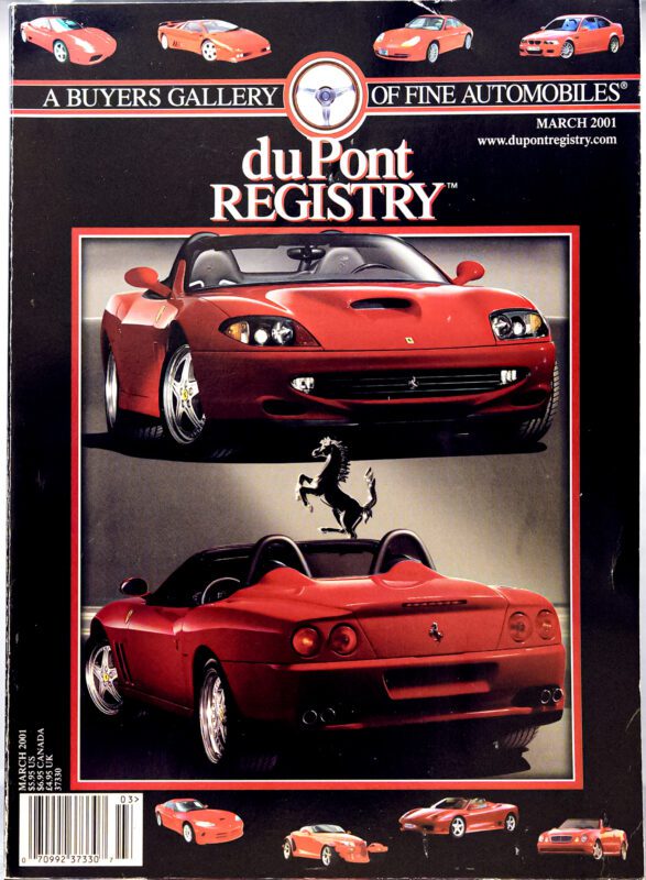 Cover of the March 2001 duPont REGISTRY magazine featuring front and rear views of a red Ferrari convertible, celebrating iconic Cover Cars with the magazine’s logo and branding.