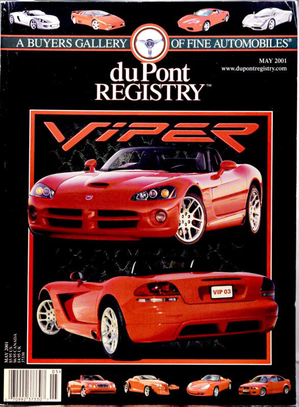Cover of the May 2001 duPont REGISTRY magazine featuring two red Dodge Vipers—front and rear views—with Cover Cars and sports car images along the top border. Perfect for celebrating the 40th Anniversary of iconic automotive excellence.