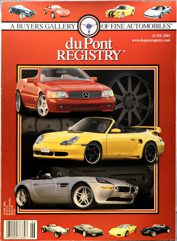 Cover of the June 2001 duPont REGISTRY magazine featuring striking Cover Cars in red, yellow, and silver luxury sports models, including Mercedes-Benz, Porsche, and BMW.