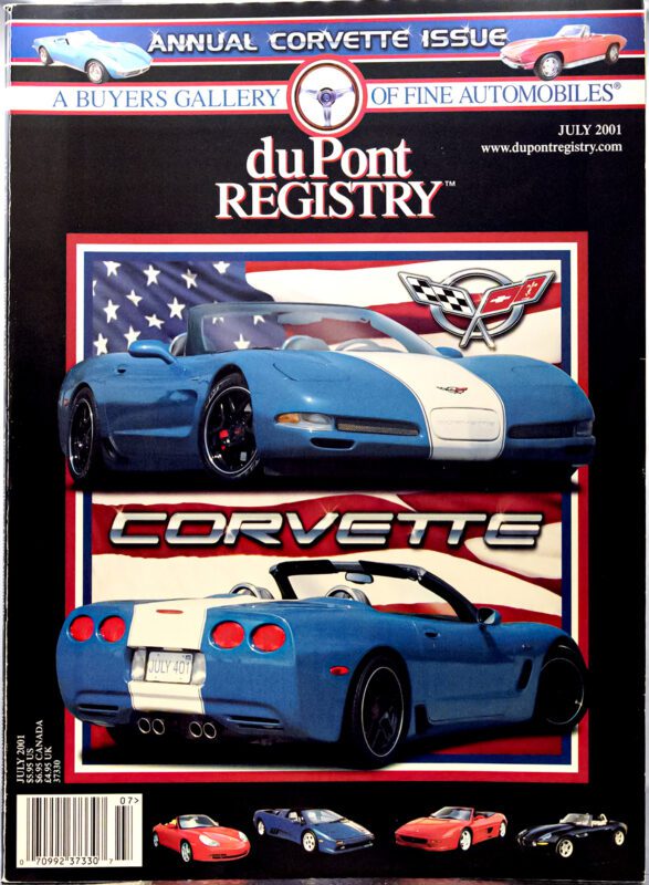 DuPont REGISTRY July 2001 Cover Cars: two blue Corvette convertibles with an American flag background and Corvette logos, celebrating the 40th Anniversary; smaller car images line the bottom.