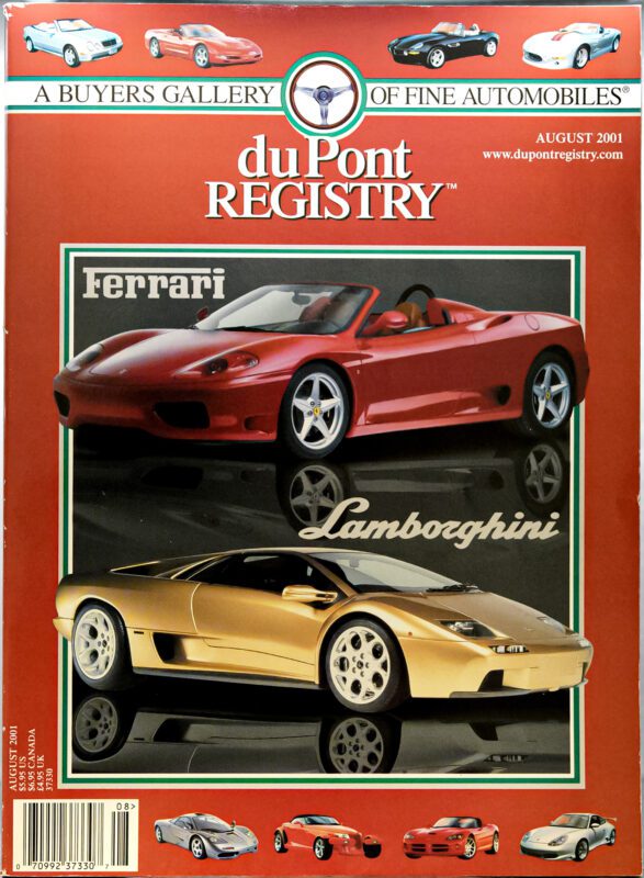 DuPont REGISTRY Cover Cars: August 2001 issue featuring a striking red Ferrari convertible above a gold Lamborghini coupe, with brand logos and magazine branding visible.