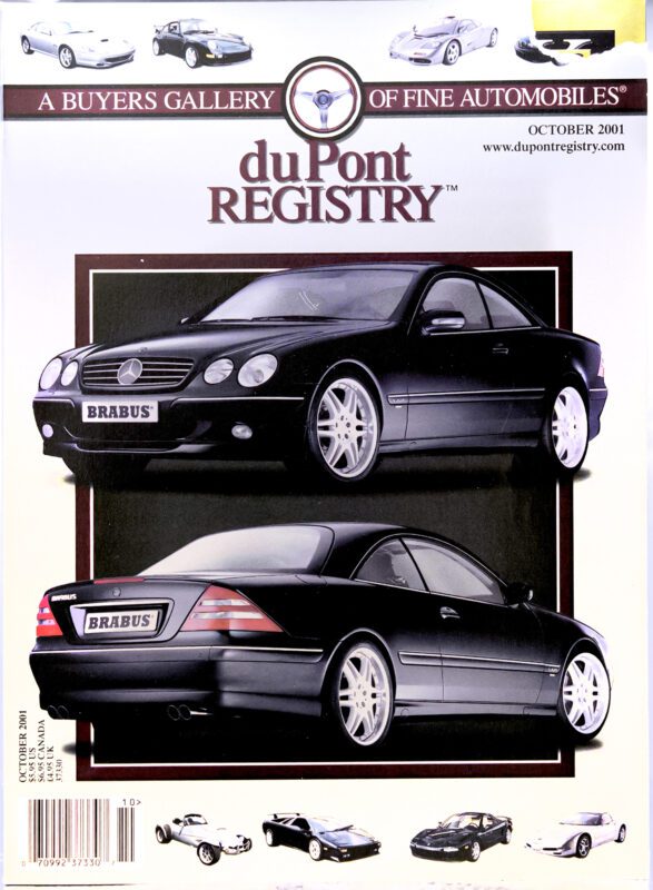 October 2001 duPont REGISTRY magazine cover features front and rear views of a black Brabus Mercedes-Benz coupe, with small Cover Cars images lining the bottom edge.