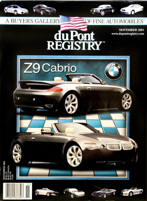 Cover Cars edition: Magazine cover featuring the BMW Z9 Cabrio concept car on a checkered background, with “duPont REGISTRY” and “November 2001” at the top, celebrating automotive excellence approaching the 40th Anniversary.
