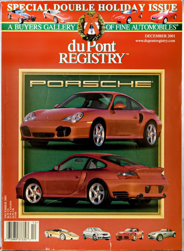 December 2001 duPont REGISTRY magazine cover featuring two red Porsche Cover Cars on a green background, with "SPECIAL DOUBLE HOLIDAY ISSUE" text at the top, celebrating the 40th Anniversary of Porsche's iconic sports cars.
