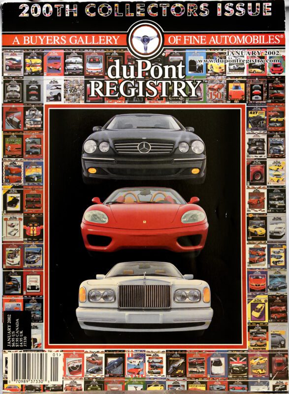 Cover of the duPont REGISTRY 200th Collectors Issue featuring Cover Cars and a border of various automobile images, published January/February 2002.