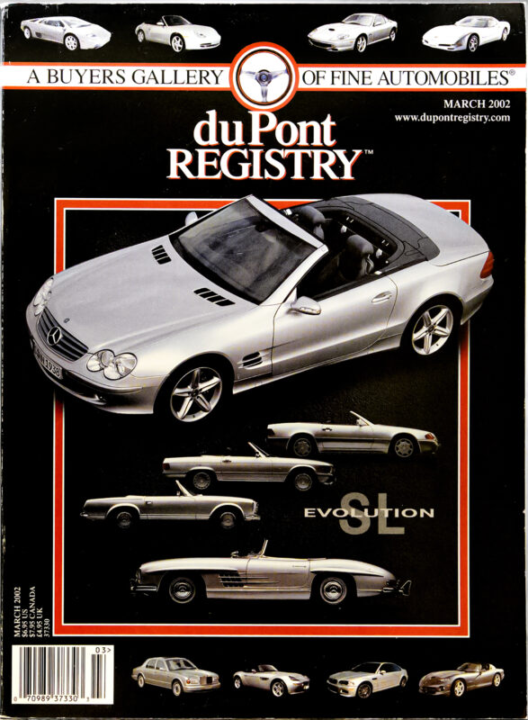 Cover of duPont REGISTRY magazine, March 2002, featuring the 40th Anniversary "SL EVOLUTION" lineup—six Mercedes-Benz Cover Cars including a striking silver convertible.