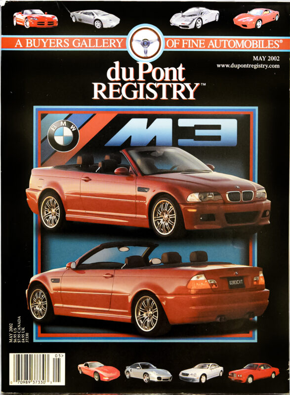 Cover Cars: May 2002 duPont REGISTRY magazine featuring a red BMW M3 convertible, with the BMW logo and multiple sports cars pictured at the top and bottom—celebrating BMW’s 40th Anniversary.
