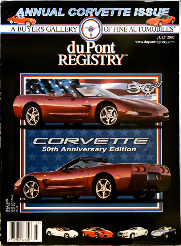 Cover Cars: July 2002 duPont REGISTRY magazine featuring two red Corvette 50th Anniversary Edition cars with an American flag motif in the background.