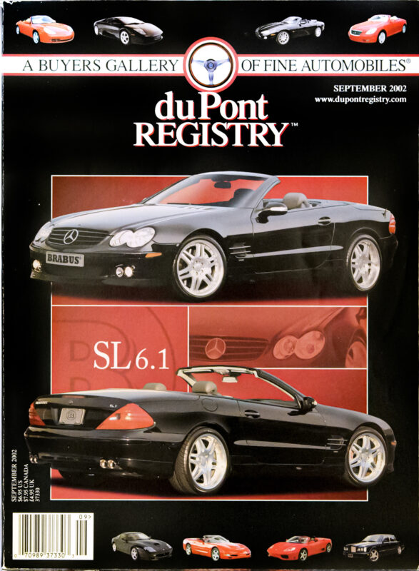 Cover Cars: September 2002 duPont REGISTRY magazine featuring a black Mercedes-Benz SL 6.1 convertible with Brabus modifications, surrounded by images of various luxury cars in celebration of the brand’s 40th Anniversary.