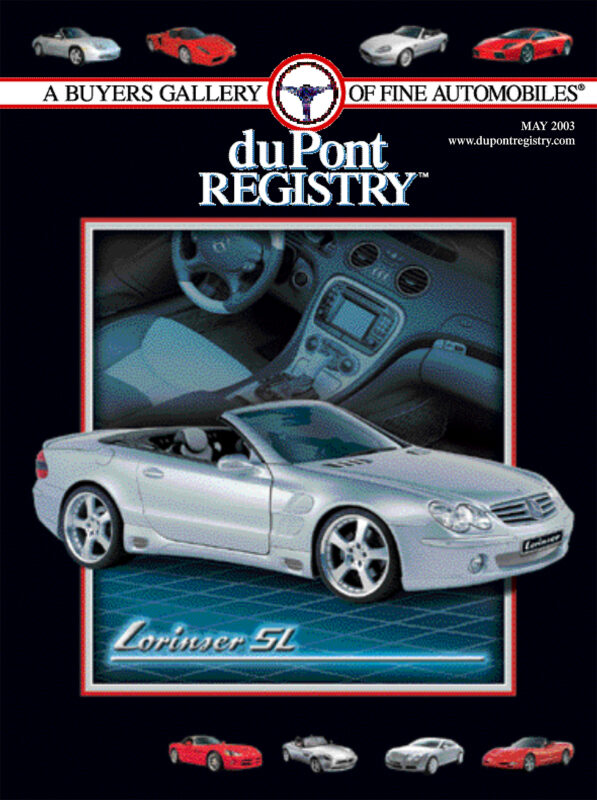 Cover of duPont REGISTRY magazine, May 2003, showcasing a silver Lorinser SL convertible as the Cover Car with interior and exterior images, plus small images of various cars along the bottom.