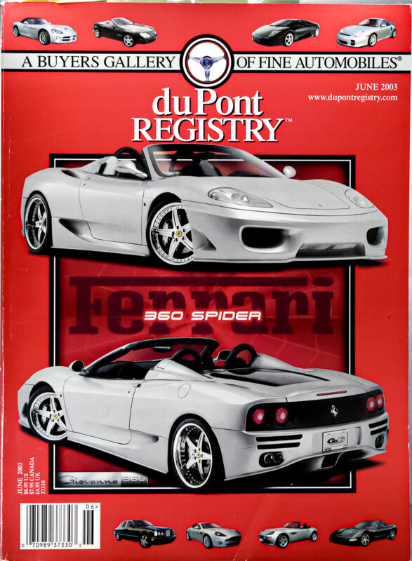 Cover Cars: duPont REGISTRY magazine, June 2003—celebrating the 40th Anniversary with two stunning views of a silver Ferrari 360 Spider convertible sports car on a bold red background.