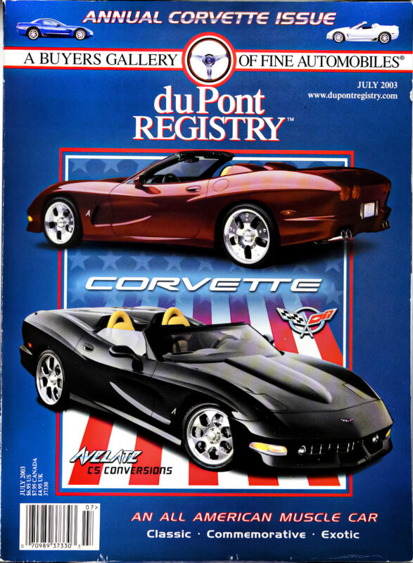 Cover of the July 2003 duPont REGISTRY magazine featuring two Corvette convertibles—one red and one black—as the Cover Cars, with American flag graphics in the background, celebrating the 40th Anniversary.