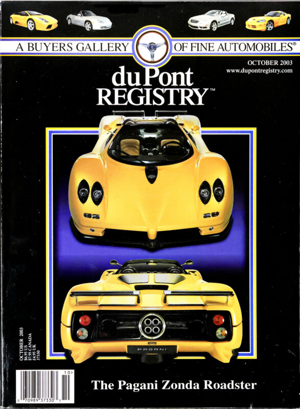 Cover Cars: duPont REGISTRY magazine, October 2003 40th Anniversary issue, showcasing a yellow Pagani Zonda Roadster from the front and back, with smaller images of luxury cars above.