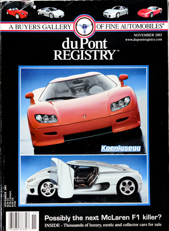 Magazine cover featuring two images of a red and white Koenigsegg sports car, celebrating the 40th Anniversary of duPont REGISTRY with the headline "Possibly the next McLaren F1 killer?" and "Cover Cars" highlighted.