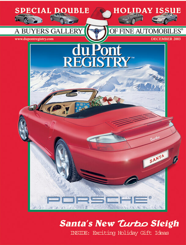 A red Porsche convertible labeled “Santa” is parked in a snowy mountain landscape, gracing the Cover Cars section of the holiday issue for duPont REGISTRY’s 40th Anniversary.