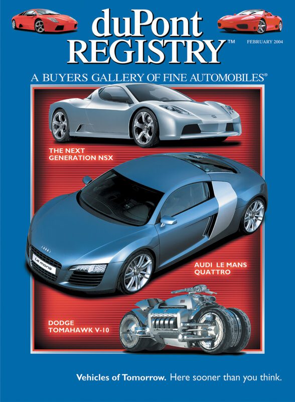 Celebrate the 40th Anniversary of duPont REGISTRY with this cover featuring the next generation NSX, Audi Le Mans Quattro, and Dodge Tomahawk V-10—iconic Cover Cars under the headline "Vehicles of Tomorrow.