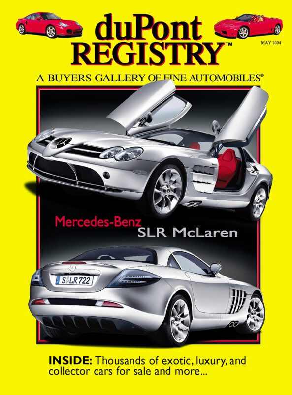 Cover of duPont REGISTRY magazine featuring two Mercedes-Benz SLR McLaren Cover Cars with gullwing doors open, celebrating the 40th Anniversary and highlighting luxury, exotic, and collector cars inside.