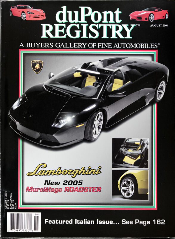Cover of the duPont REGISTRY magazine, August 2004 issue, featuring a black 2005 Lamborghini Murciélago Roadster as one of the stunning Cover Cars, with close-up inset images of its wheel and interior.