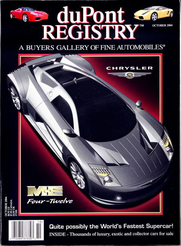 Cover Cars: duPont REGISTRY magazine, October 2004, spotlights a silver Chrysler ME Four-Twelve supercar on a bold red background with luxury and exotic cars—celebrating automotive excellence ahead of its 40th Anniversary.