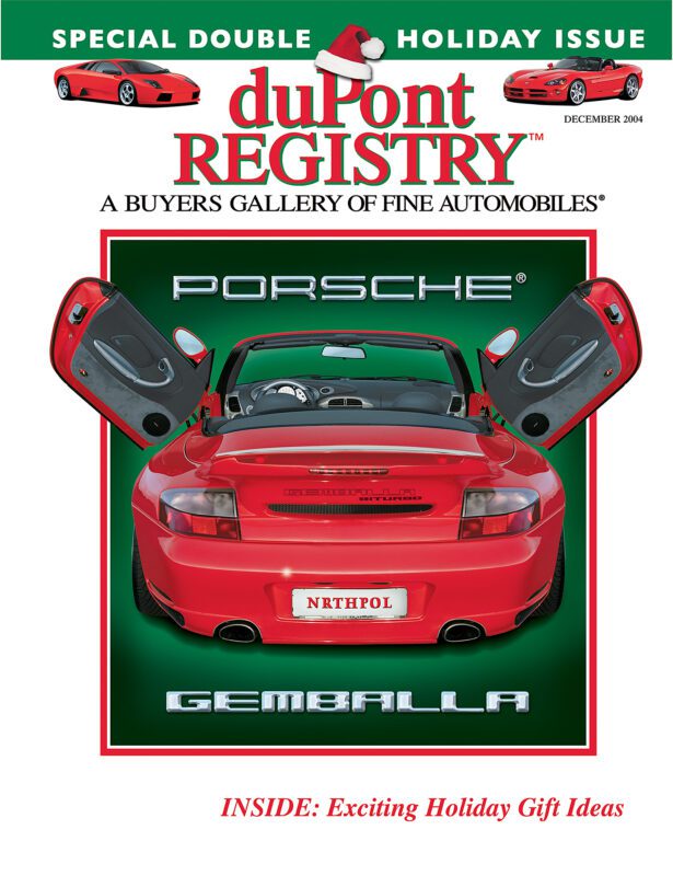 Cover of duPont REGISTRY magazine celebrating its 40th Anniversary, featuring a red Porsche Gemballa sports car with open doors, "NRTHPOL" license plate, and festive holiday-themed cover text.
