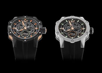 Two luxury Richard Mille wristwatches, featuring exposed mechanical dials and black rubber straps, are displayed side by side on a black background—an exquisite showcase of modern horology.
