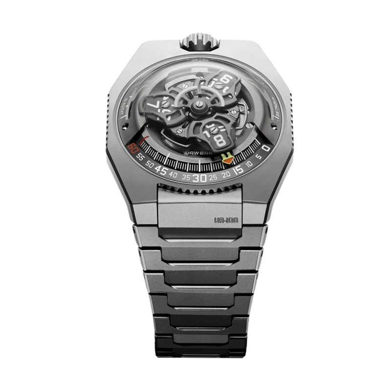 A modern metallic wristwatch with a unique, exposed mechanical dial and a segmented metal bracelet—an eye-catching choice for anyone seeking the best luxury watches.