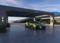A green Bugatti sports car with a powerful W16 engine is parked under a modern concrete carport, with mountains and a horse visible in the background.
