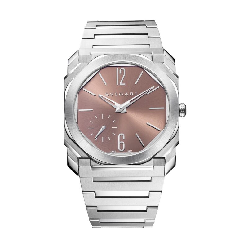 A silver Bulgari wristwatch with a metallic bracelet and a copper-toned dial featuring silver hands, hour markers, and a small seconds subdial—an elegant choice among the best luxury watches.