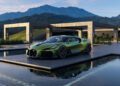 A green Bugatti sports car with a powerful W16 engine is parked on a concrete platform surrounded by water, with modern architecture and mountains visible in the Brouillard beyond.