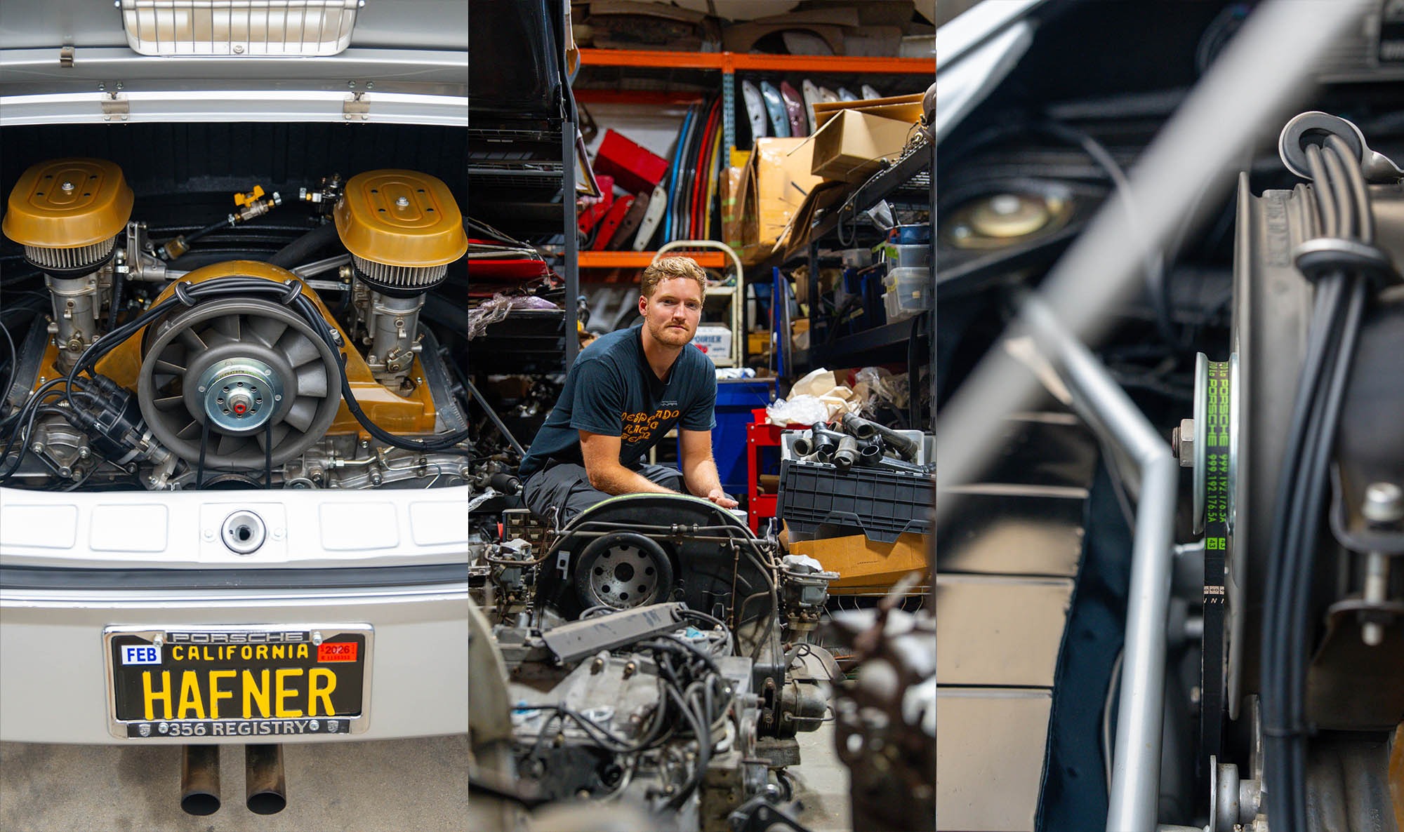 Three-panel image: a close-up of a Porsche 912 engine and license plate, a man sitting in a workshop surrounded by car parts, and a detailed view of 1968 Prototype mechanical components. Perfect for Petrolicious enthusiasts.