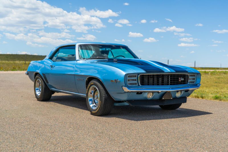 A blue classic Chevrolet Camaro Z28 with black racing stripes is parked on a paved road under a blue sky with scattered clouds, capturing the spirit of the 2025 Bonhams Monterey: 10 Must-See Cars Crossing the Block at The Quail.