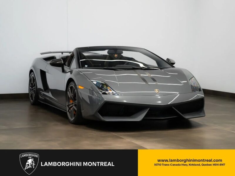 A grey Lamborghini convertible V10 supercar is displayed in a showroom with "Lamborghini Montreal" branding and contact information at the bottom, showcasing this stunning model for sale.