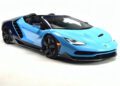 A blue Lamborghini convertible sports car with black accents, parked on a plain white background. Only 10 in the U.S.: Lamborghini Centenario Roadster hits the market, making this an exceptionally rare sight.