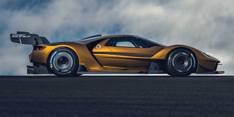 A gold Ford GT Mk IV—part of the Ford Performance Launches Final Production Run of Legendary Ford GT Mk IV—is shown from the side on a dark road, featuring a large rear wing and aerodynamic design, with cloudy skies in the background.