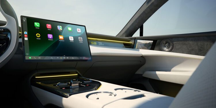 Modern car interior featuring a large central touchscreen display, digital controls, and white leather seats with yellow accents.