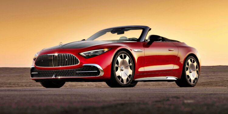 A red 2026 Mercedes-Maybach SL 680 ultra-luxury roadster with a black soft top is parked on a road at sunset, viewed from the front left angle.