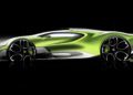 Side profile sketch of a sleek, futuristic green sports car with large black wheels on a black background, inspired by the exclusive One-Off Brouillard Bugatti and powered by a legendary W16 engine.