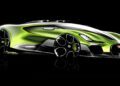 A digital rendering of a futuristic green Bugatti sports car with sleek lines, large black wheels, and illuminated accents, powered by the legendary W16 engine, viewed from a side angle.