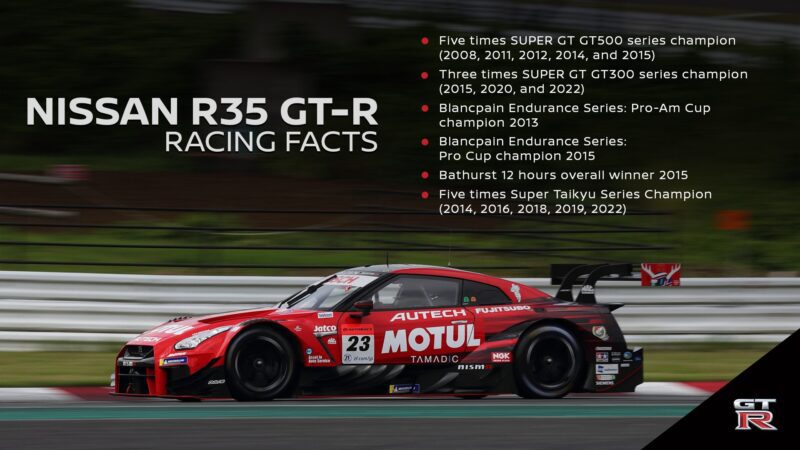 A red Nissan R35 GT-R race car on a track, with text listing its major racing achievements and championships from multiple series—marking the end of an era and leaving fans to wonder what comes next.